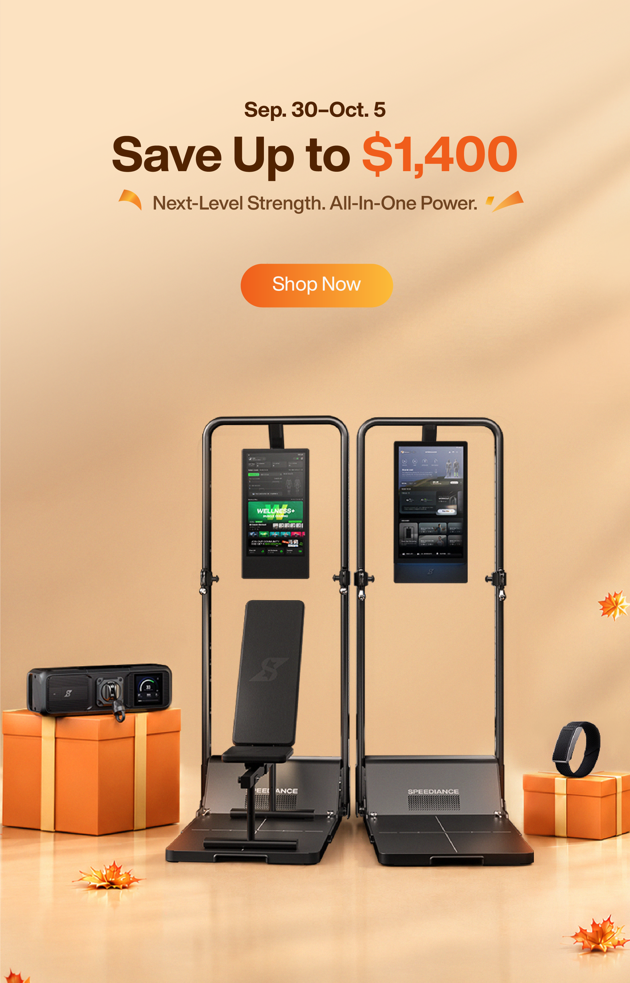 Two black SPEEDFORMER strength training machines with digital screens are displayed in a warm beige promotional setting with orange gift boxes, autumn leaves, and text advertising a save-up offer.